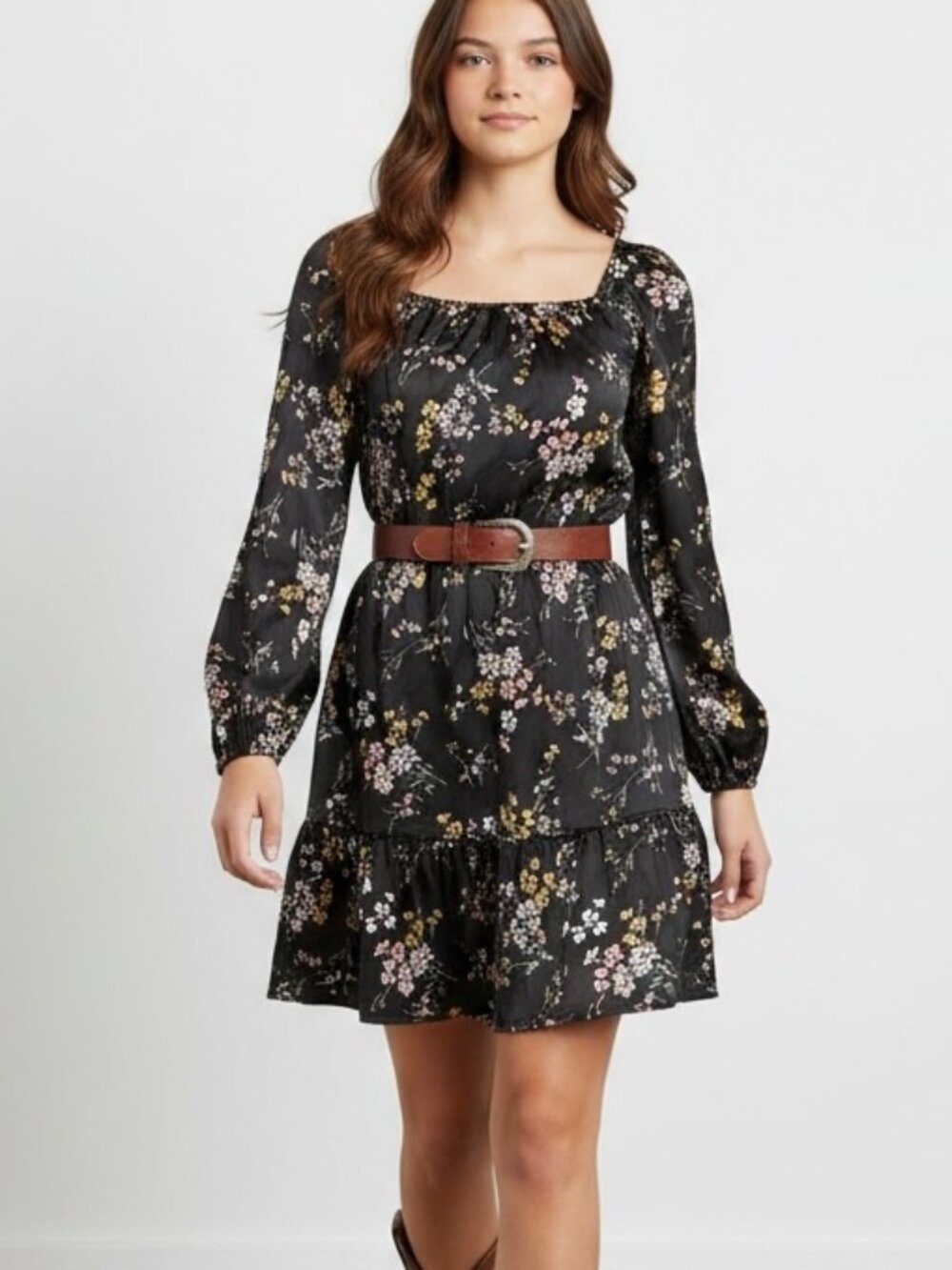 NEW Abercrombie Kids Satin Dress Girls size 15/16 Black Floral Pattern LS NWT